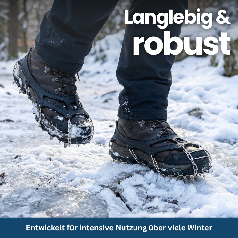 Detail shot of anti-slip ice cleats showcasing the strong connection between rubber and metal spikes for durability