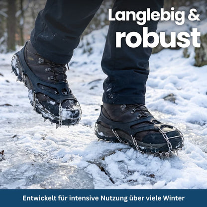 Detail shot of anti-slip ice cleats showcasing the strong connection between rubber and metal spikes for durability