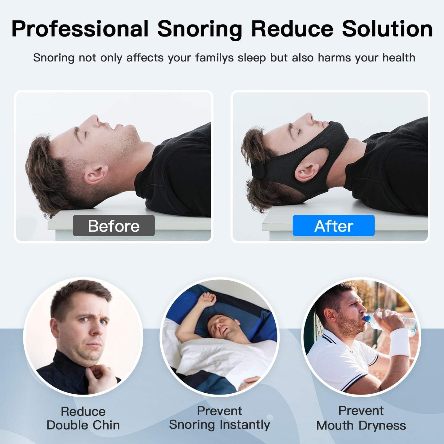 Soft, unisex anti-snoring chin strap helps stop snoring for quiet, restful sleep & clear breathing. Sleep aid.