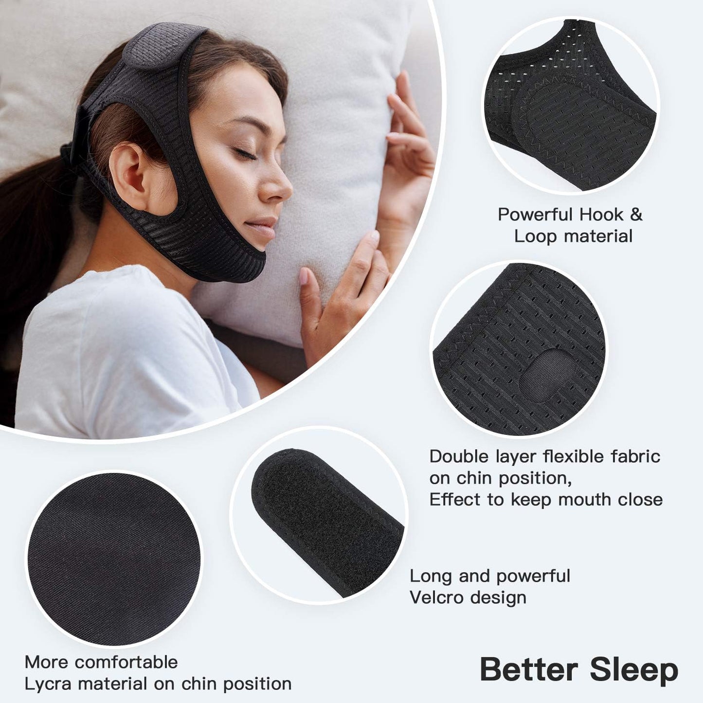 Breathable, adjustable anti-snoring chin strap for comfortable sleep & improved breathing. Sleep apnea solution.
