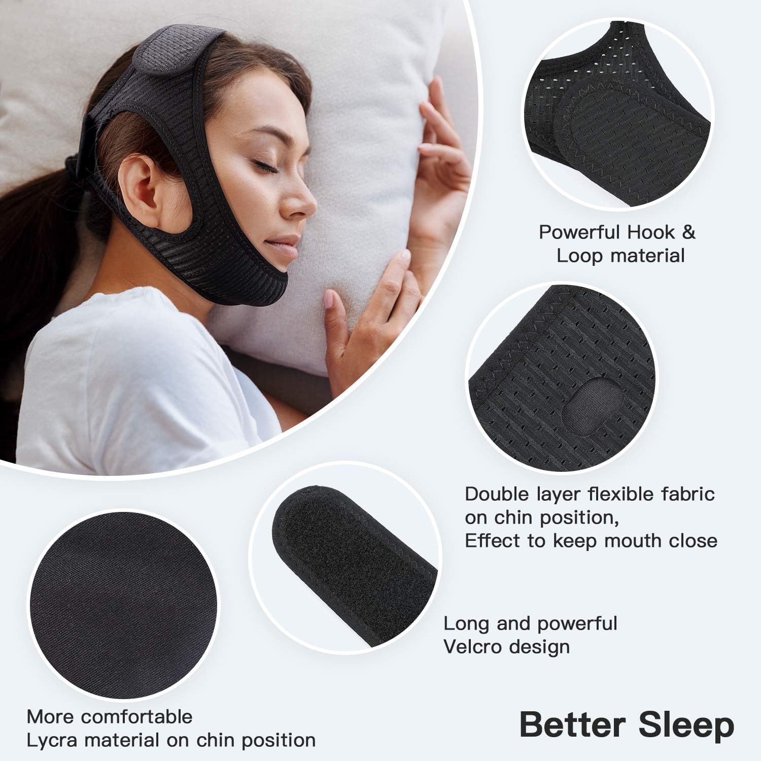 Breathable, adjustable anti-snoring chin strap for comfortable sleep & improved breathing. Sleep apnea solution.