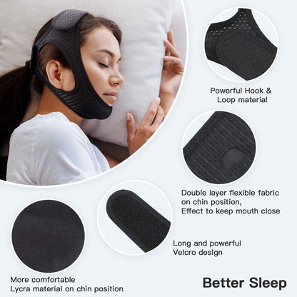 Breathable, adjustable anti-snoring chin strap for comfortable sleep & improved breathing. Sleep apnea solution.