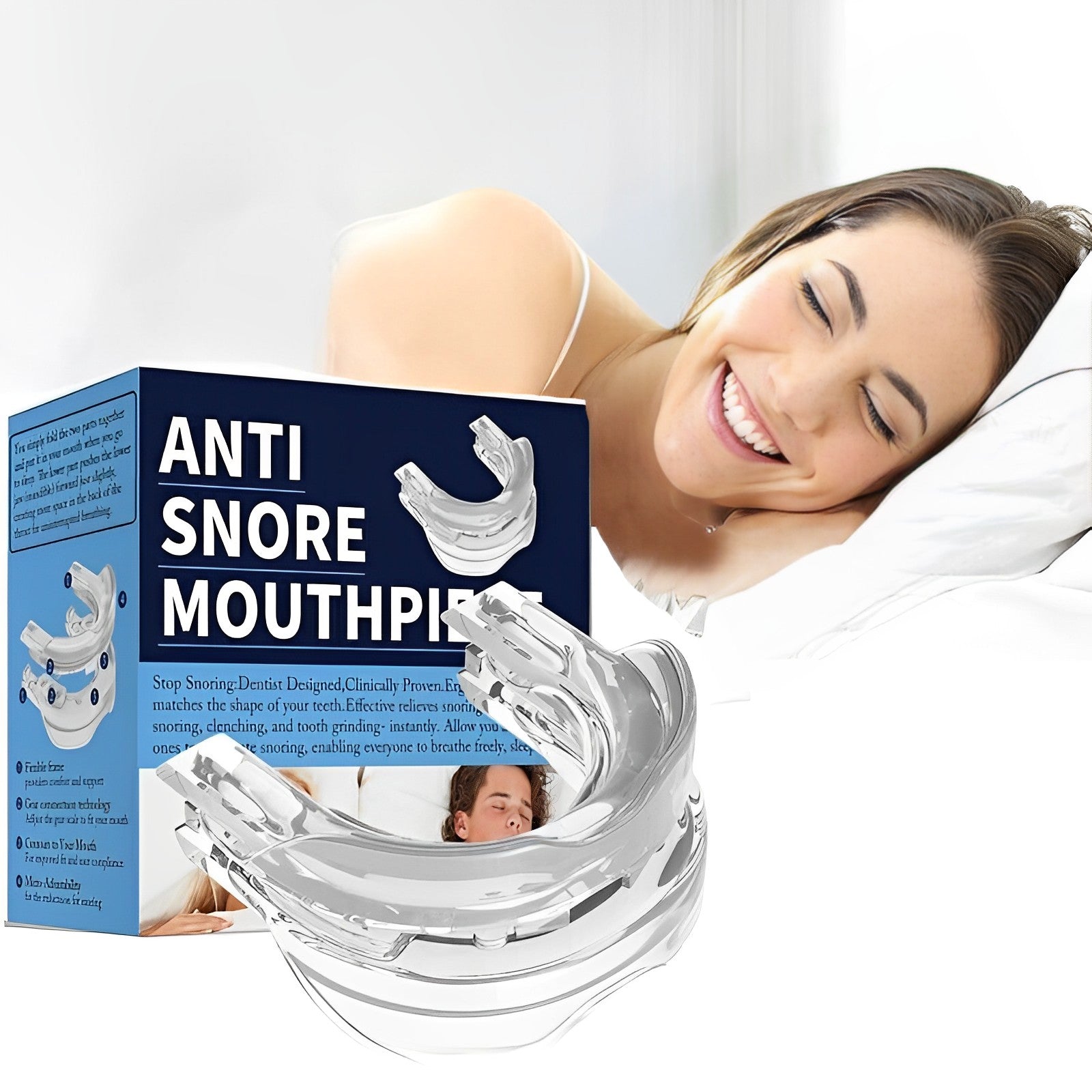 Unisex anti-snoring sleep apnea mouth guard for comfortable nighttime wear. Reusable oral appliance sleep aid.