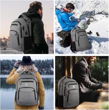 Organized anti-theft travel backpack, includes USB port & multiple compartments.