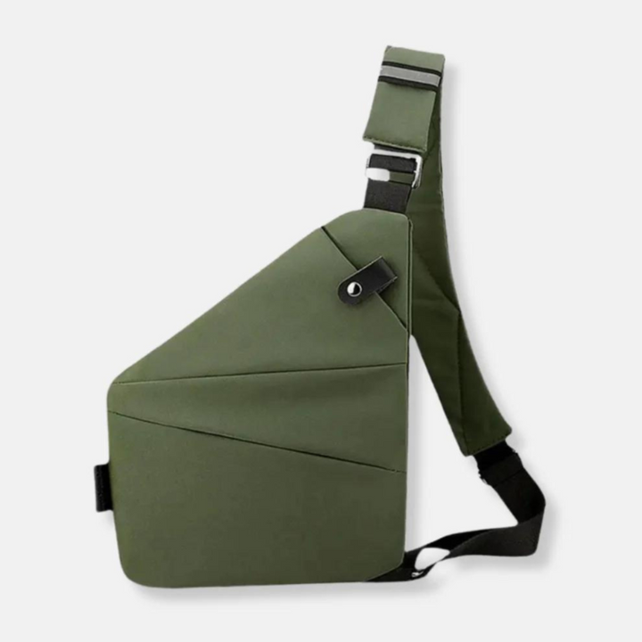 Person wearing a black anti-theft sling bag, showcasing hidden zipper & secure crossbody fit.