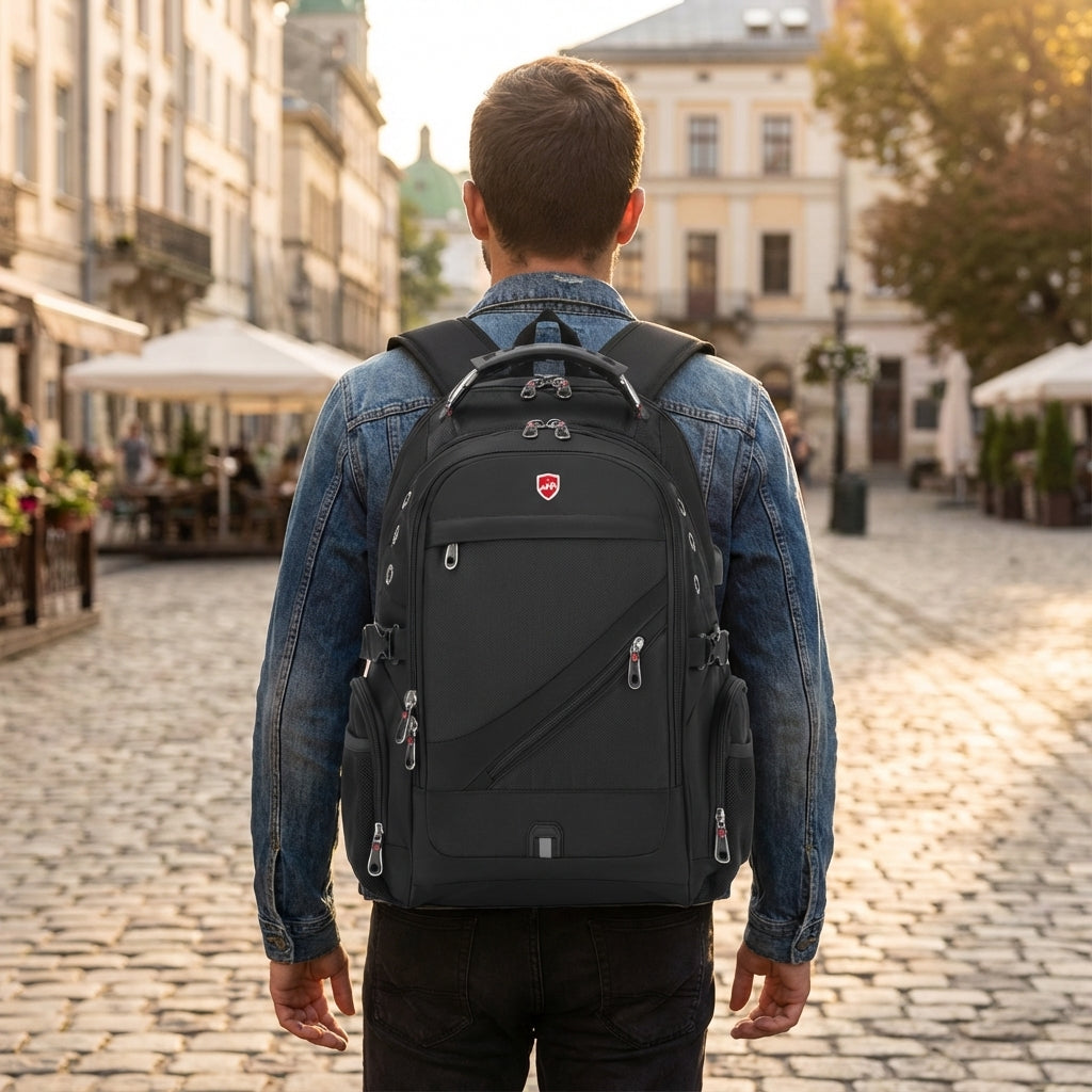 Unisex anti-theft travel backpack, secure & spacious for commuters & adventurers. VoyageVault waterproof design.