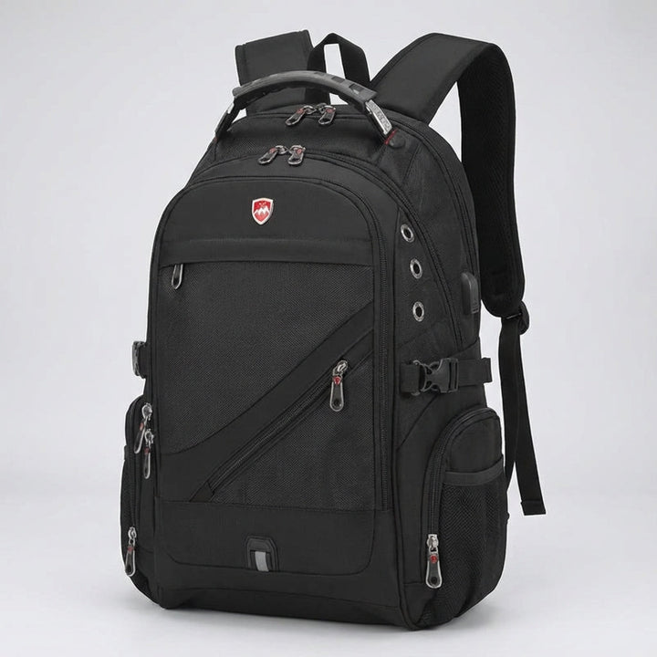 Close-up of anti-theft travel backpack with hidden zippers & secure pockets for worry-free commuting & travel.