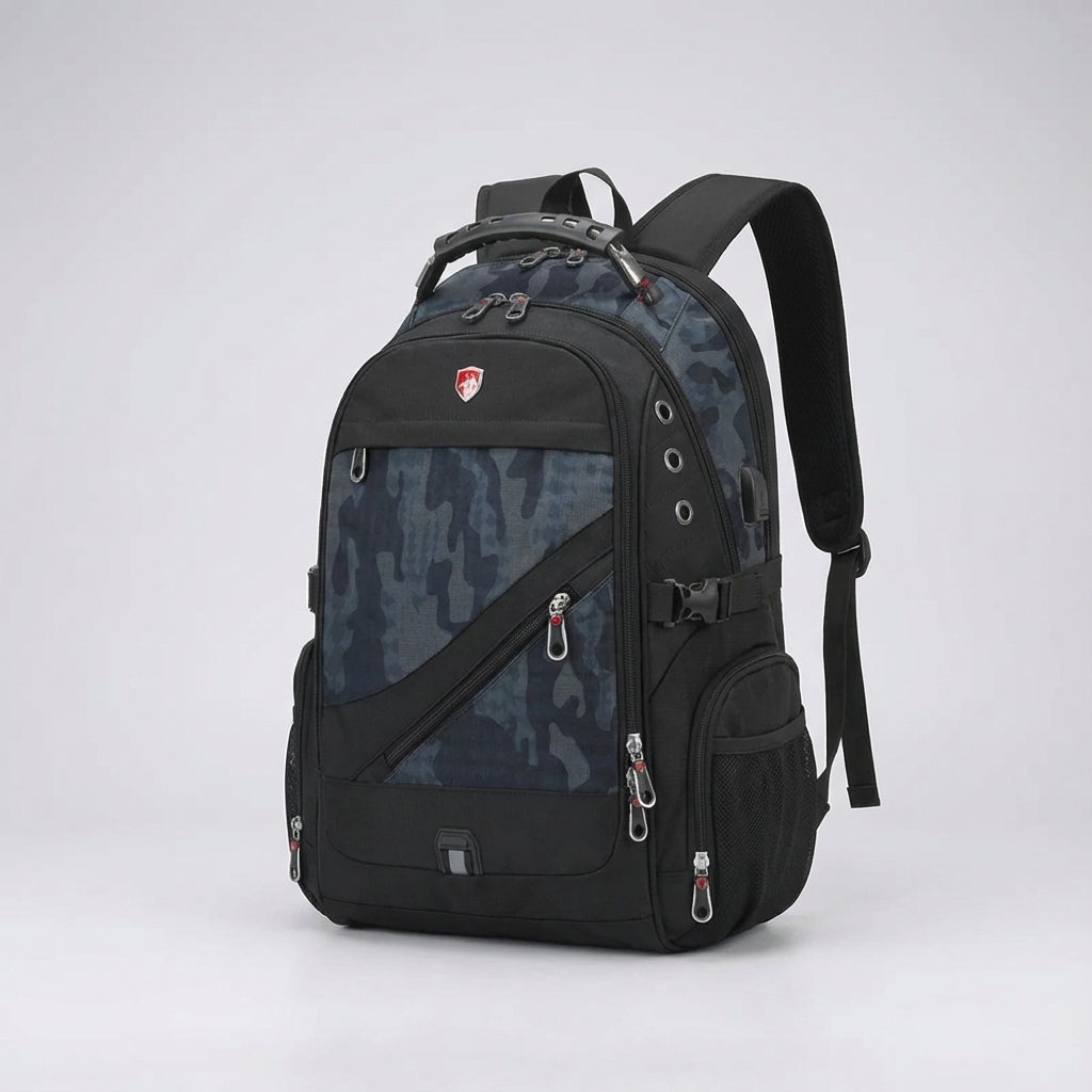 Person wearing a sleek unisex anti-theft travel backpack, perfect for daily commute or weekend adventures.