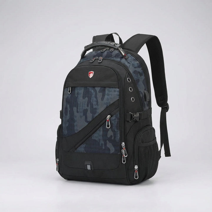 Person wearing a sleek unisex anti-theft travel backpack, perfect for daily commute or weekend adventures.