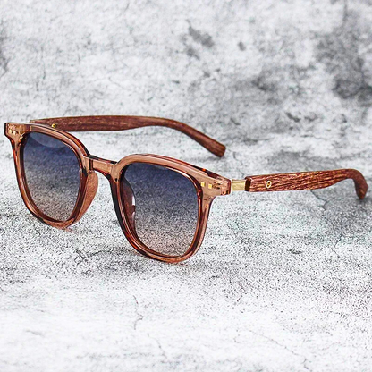 Trendy Arden unisex sunglasses with distinctive wood-grain temples, gradient lenses, and essential UV protection for stylish outdoor adventures.