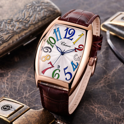 Unisex Art Deco leather watch with a unique sunburst dial, tonneau case, and oversized numerals.