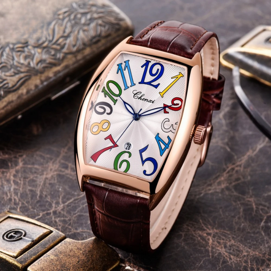 Unisex Art Deco leather watch with a unique sunburst dial, tonneau case, and oversized numerals.