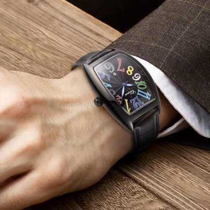 Hand model wearing Art Deco leather watch, showcasing the unique dial and tonneau case design.