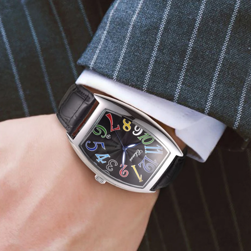 Detailed view of Art Deco watch strap, premium leather texture alongside the unique sunburst dial.