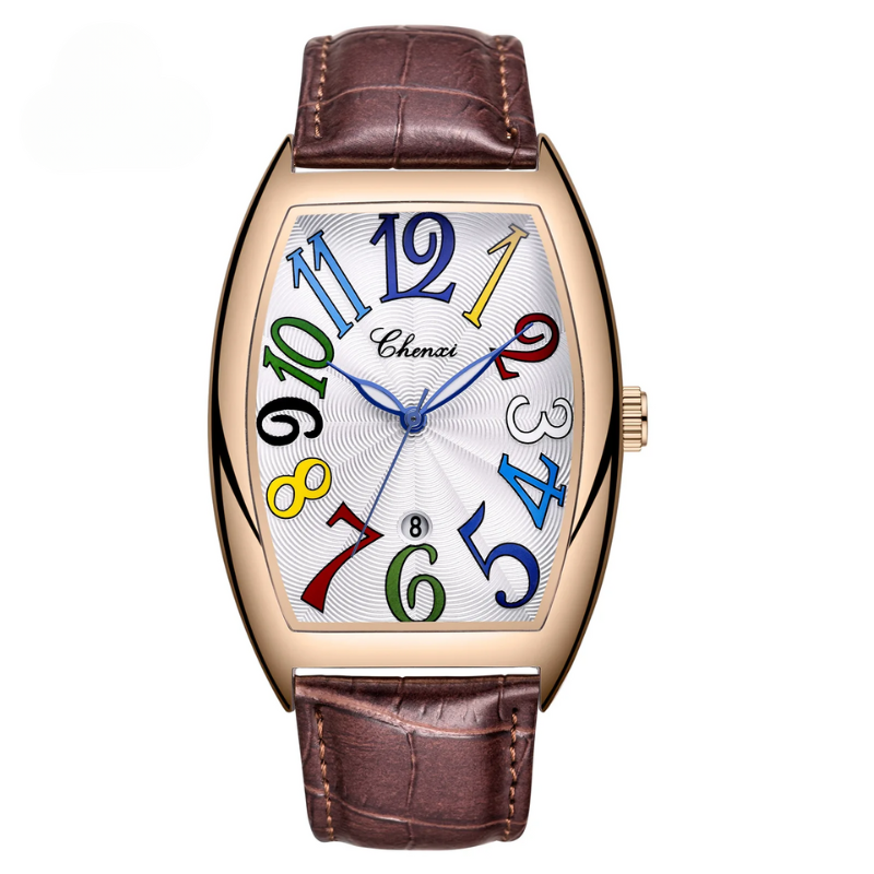 Elegant Art Deco dress watch featuring a tonneau case, sunburst dial, and bold oversized numerals.