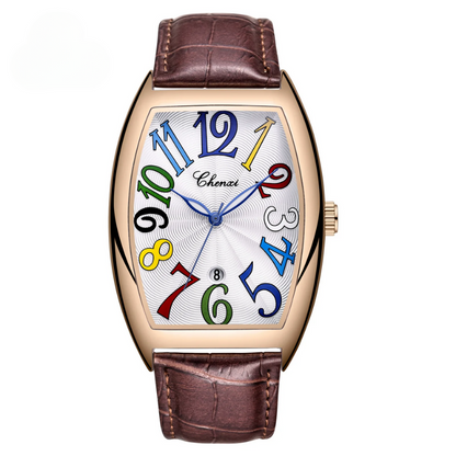 Elegant Art Deco dress watch featuring a tonneau case, sunburst dial, and bold oversized numerals.