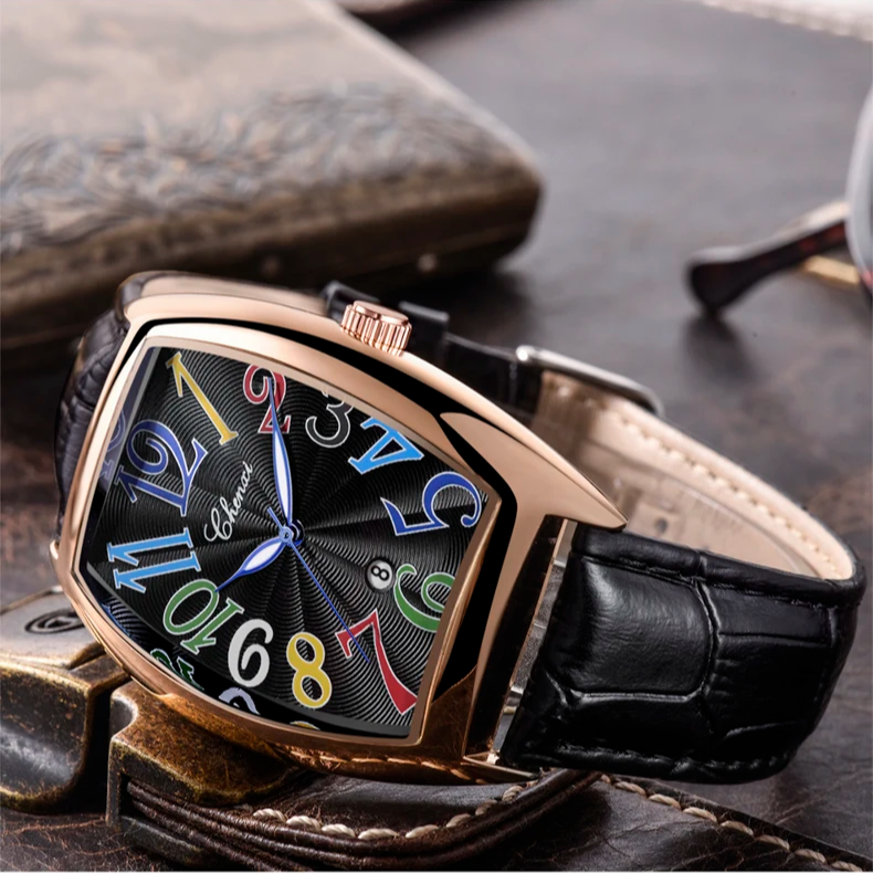 Stylish unisex leather strap watch, an Art Deco fashion accessory with a distinctive sunburst dial.