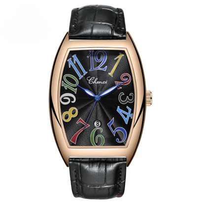 Men's Art Deco watch, tonneau case, luxurious leather strap, and unique dial with oversized numerals.