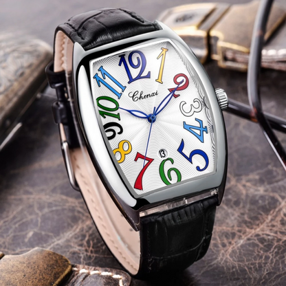Women's statement watch, Art Deco design, brown leather strap, and sunburst dial with large numerals.