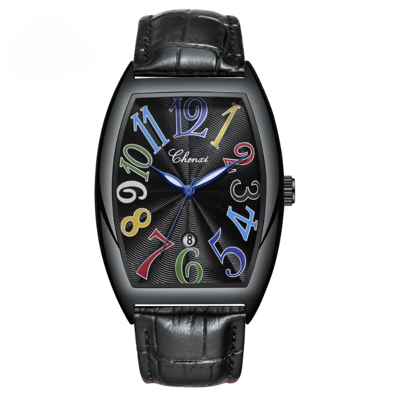 Fashionable unisex watch, Art Deco-inspired, with a comfortable leather strap and unique dial design.