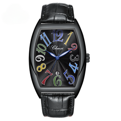Fashionable unisex watch, Art Deco-inspired, with a comfortable leather strap and unique dial design.