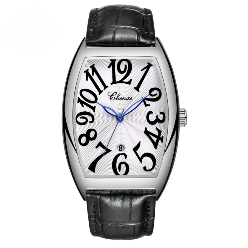 Art Deco Tonneau case watch, with a captivating sunburst dial and striking oversized numerals.