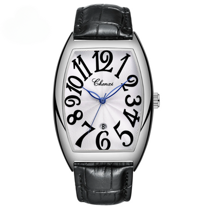 Art Deco Tonneau case watch, with a captivating sunburst dial and striking oversized numerals.