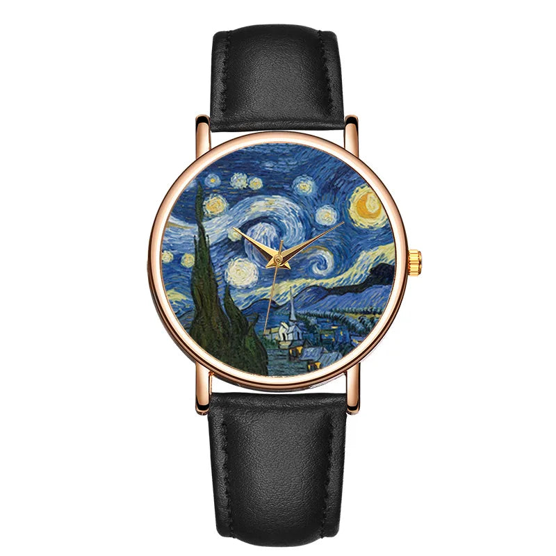 Unisex artistic impressionist dial leather watch, elegant and stylish timepiece with quartz movement.