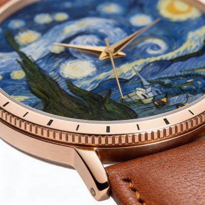 Elegant unisex artistic impressionist dial leather watch, a stylish wrist accessory perfect as a sophisticated gift.