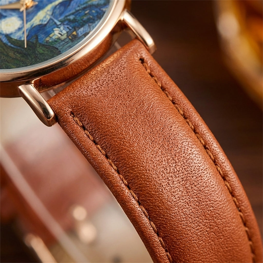 Detailed view of a unisex impressionist art dial watch with a durable leather strap, a versatile & stylish timepiece.