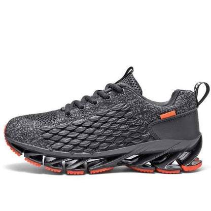 Close-up of the breathable mesh on unisex athletic running shoes, highlighting the texture and quality.