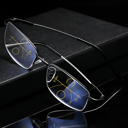 Unisex auto-adjusting progressive reading sunglasses, multi-focal vision correction.