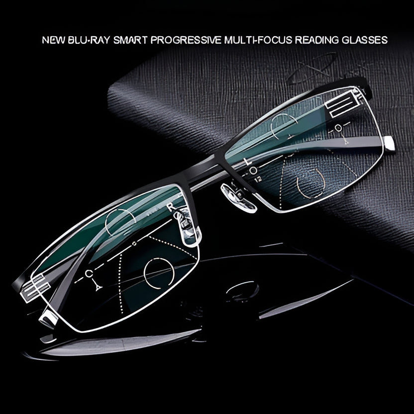 Intelligent photochromic progressive sunglasses with auto-adjusting lenses & UV protection.