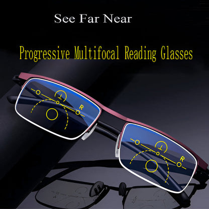 Adaptive unisex progressive reading sunglasses: UV protection & blue light filter, multi-focal vision.
