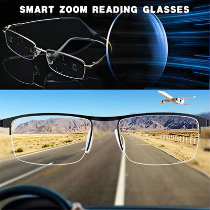 Unisex progressive sunglasses with photochromic auto-adjusting lenses & blue light filter.