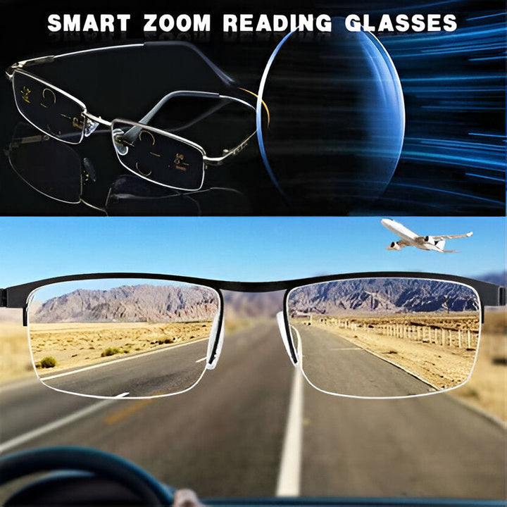 Unisex progressive sunglasses with photochromic auto-adjusting lenses & blue light filter.