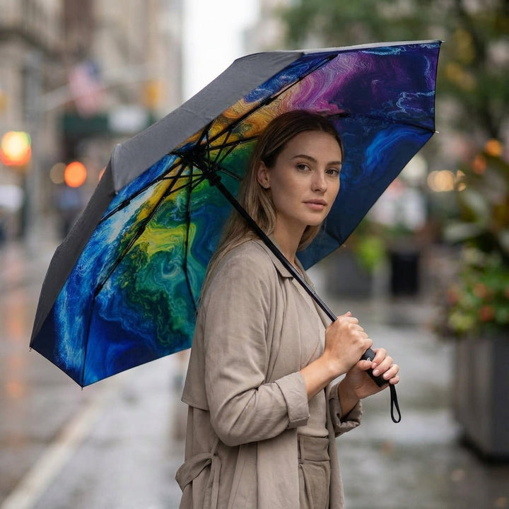 Unisex automatic folding travel umbrella by Rainova, compact & windproof for rain protection.
