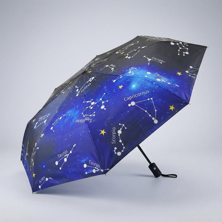 Automatic Rainova umbrella protecting against rain, showcasing its large, waterproof coverage.