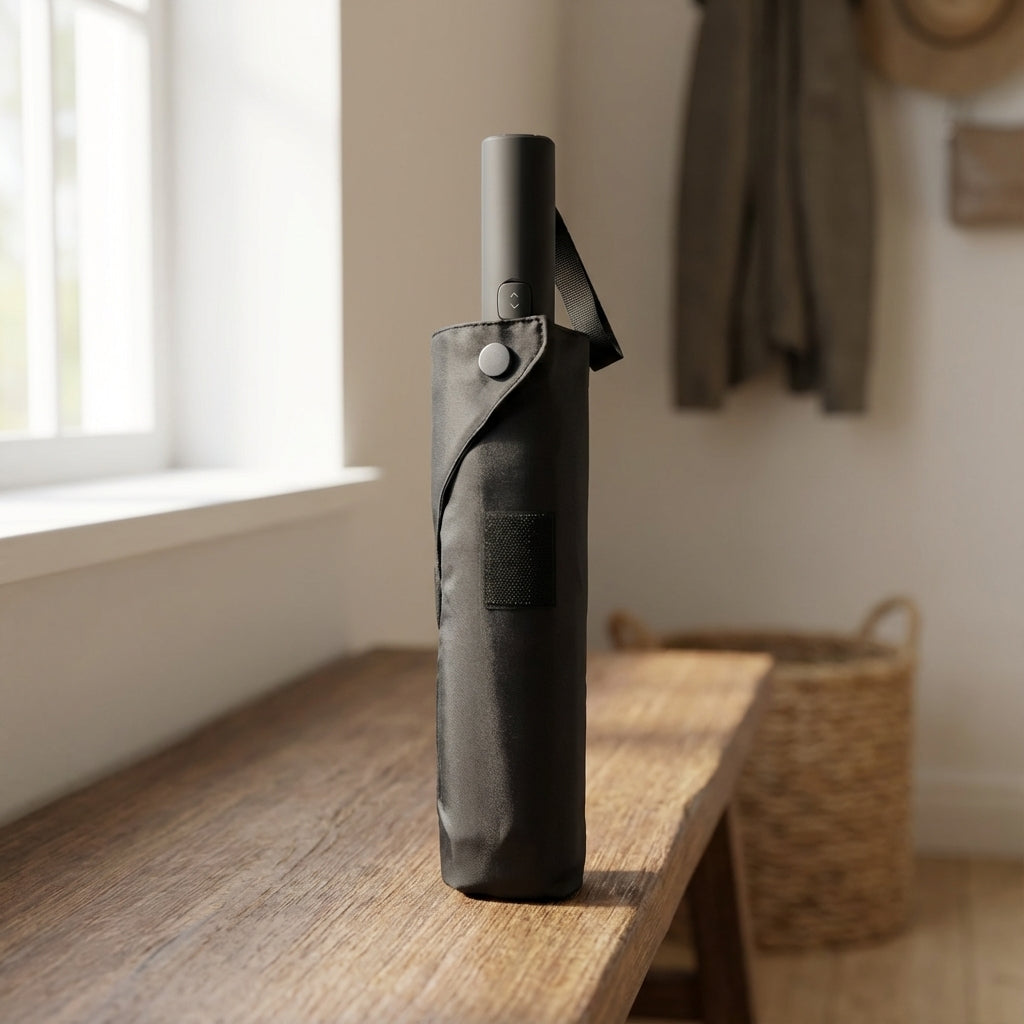Unisex automatic travel umbrella, compact & portable QuickBrolly, open for reliable windproof & waterproof rain protection.