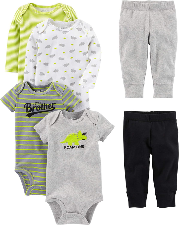 Soft unisex baby 6-piece set: comfortable bodysuits & trousers, ideal for daily infant wear & newborn outfits.