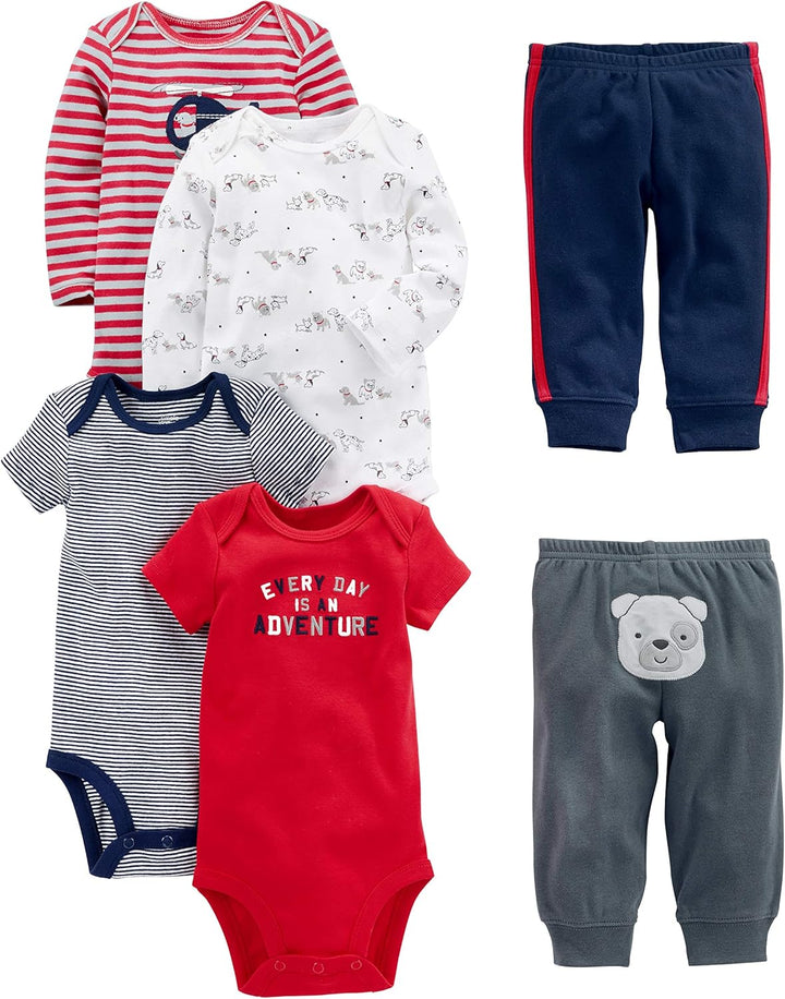 Mix & match unisex baby 6-piece clothing set including various bodysuits & baby trousers for everyday comfort.