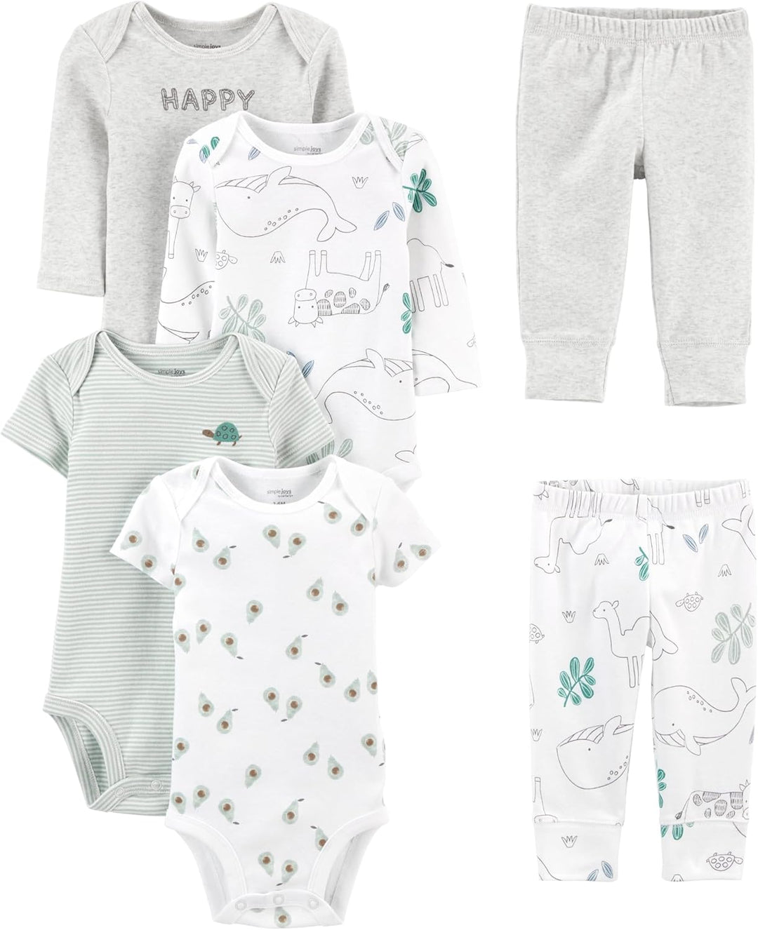 Newborn outfit: 6-piece unisex baby clothing set with versatile bodysuits and soft baby trousers for daily wear.