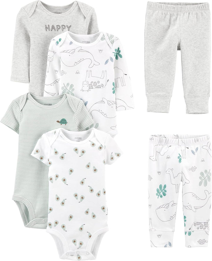 Newborn outfit: 6-piece unisex baby clothing set with versatile bodysuits and soft baby trousers for daily wear.
