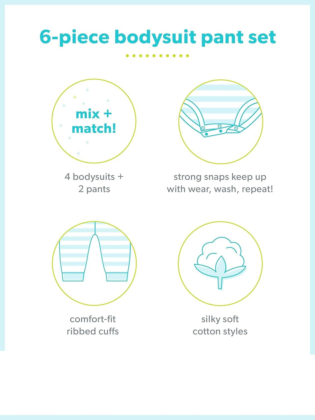 Essential unisex baby 6-piece set: includes comfortable bodysuits & baby trousers for versatile daily wear.
