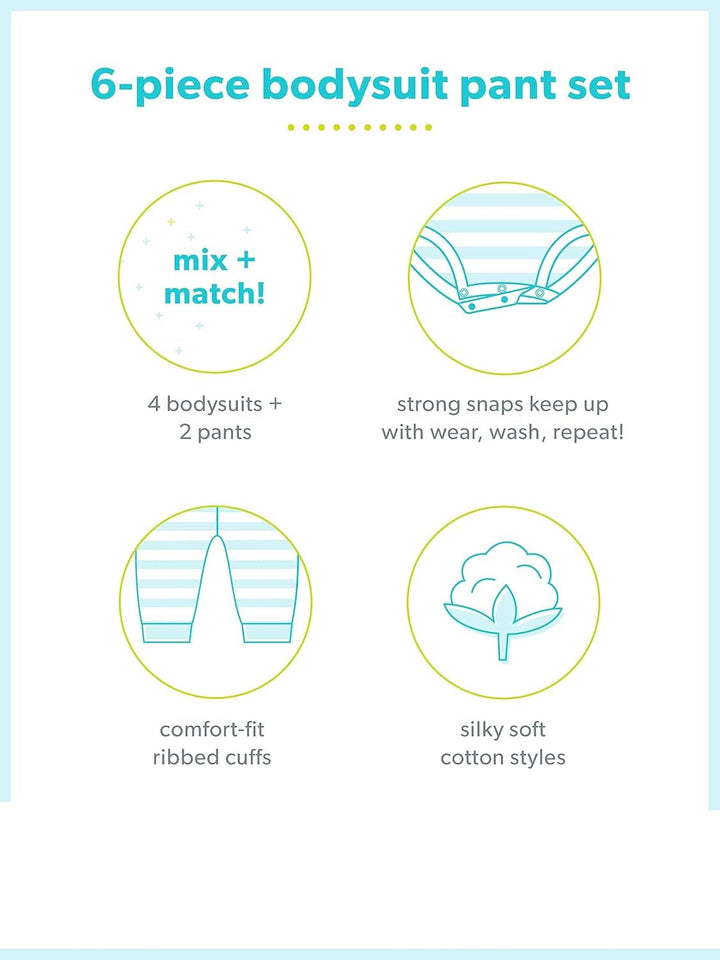 Essential unisex baby 6-piece set: includes comfortable bodysuits & baby trousers for versatile daily wear.