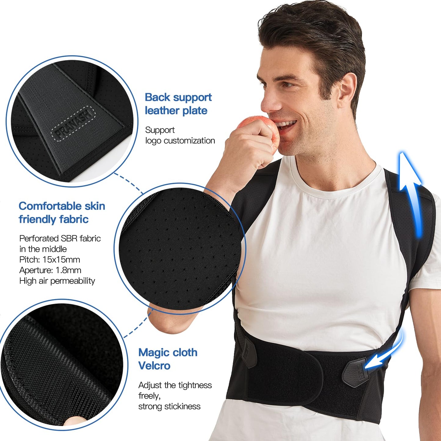 Ergonomic back support brace, adjustable for men & women, promoting correct posture & spinal alignment.