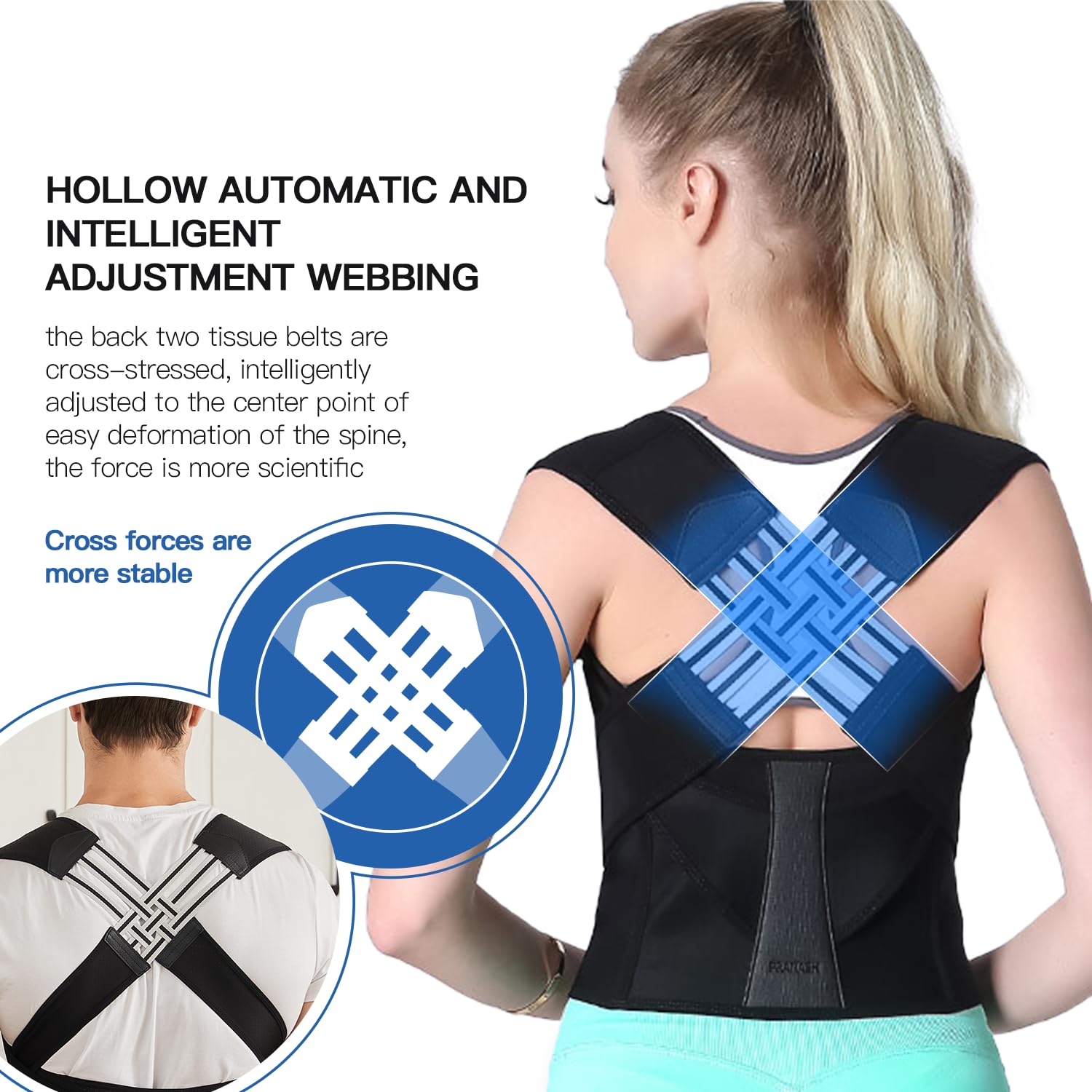 Posture corrector for upper & lower back pain relief. Unisex design for comfortable spinal alignment.