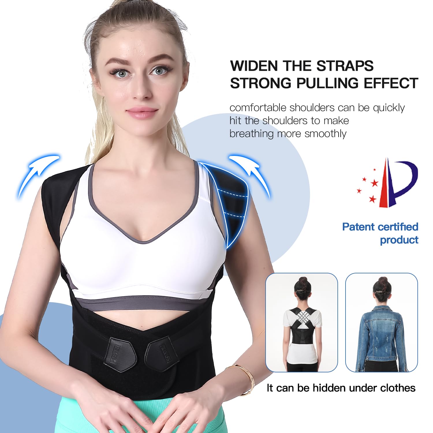 Adjustable posture brace providing excellent back support for improved posture & spinal health. Unisex.