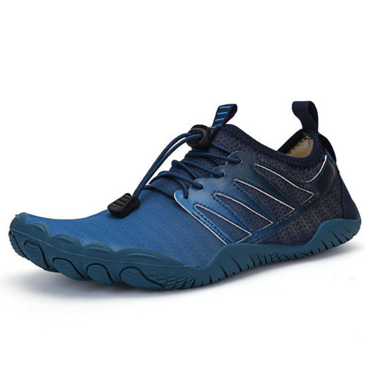 Unisex barefoot minimalist athletic running shoes, black, side view, flexible sole.