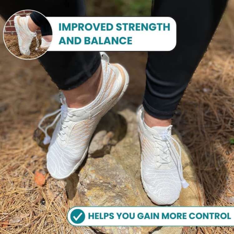 Person wearing unisex barefoot minimalist hiking shoes, showcasing wide toe box and flexible design